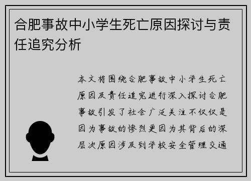 合肥事故中小学生死亡原因探讨与责任追究分析